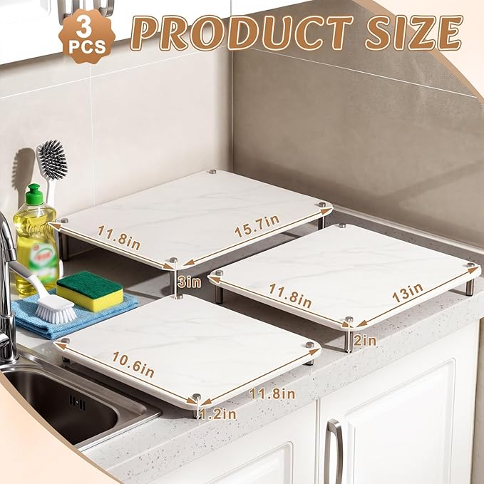 3 Pcs Nesting Stone Drying Mat for Kitchen Counter Diatomaceous Dish Stone Drying Mats Quick for Kitchen Counter Non Slip Feet Heat Resistant Nesting Stackable Design(MarbleWhite)