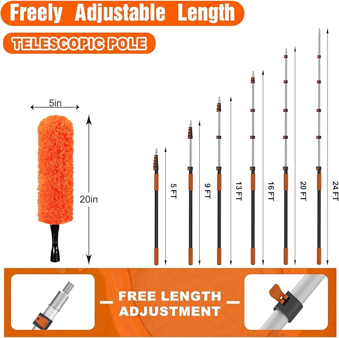 30FT Reach High Ceiling Duster Kit Window Cleaning kit with 5-24FT Extension Pole Fan Duster for Ceiling Fan Blades Microfiber Feather Duster Rotatable Window Squeegee and Cobweb Duster