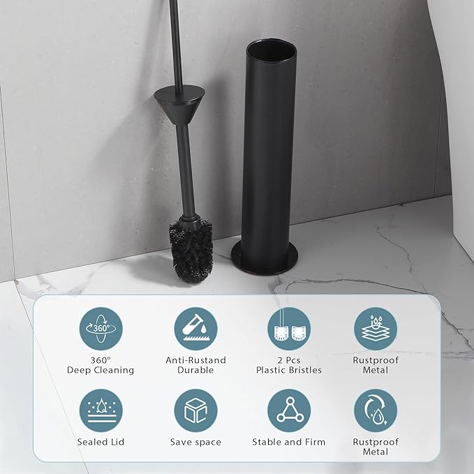 BGL Toilet Brush and Holder Set Heavy Duty 304 Stainless Steel Round Base and Long Handle for Bathroom Deep Cleaning Drip-Proof Space Saving for Storag Black