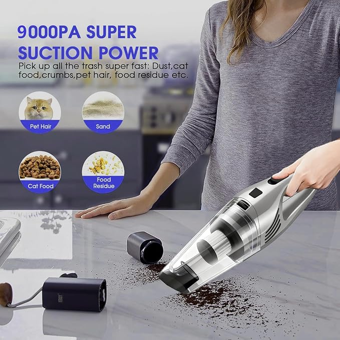 Car Vacuum Portable Cordless – 9000PA Strong Suction Lightweight &amp Rechargeable – Includes Multi-Nozzle Attachments for Car Home Office and Pet Hair – Compact &amp Powerful Grey Vacuum