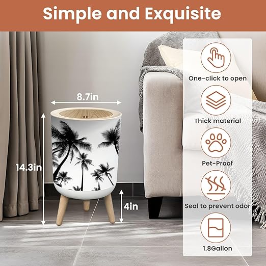 Bathroom Trash Can with Lid Black White Photo Palm Trees Garbage Bin Waste Basket for Kitchen Office Bedroom Decoration Diaper Pail 1.8 Gallon
