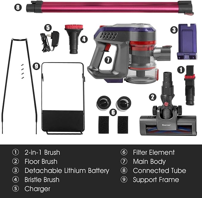 COSTWAY 16KPa Cordless Bagless Vacuum Cleaner Lightweight Stick Handheld Vacuum with HEPA Filtration and Brushless Motor Detachable Lithium Battery Rechargeable Ideal for Pet Hair Home Hard Floor
