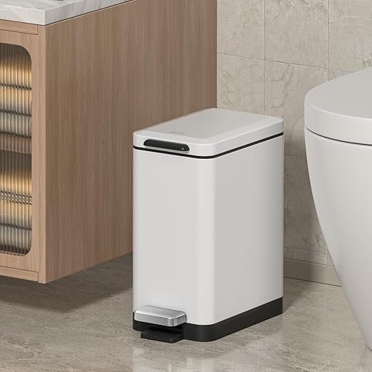 Mbillion Bathroom Trash Can with Lid Slim Stainless Steel Small Bathroom Garbage Can 10 Liter 2.6 Gallon Soft Close Step Pedal Slim Wastebasket for Toilet Office Bedroom White