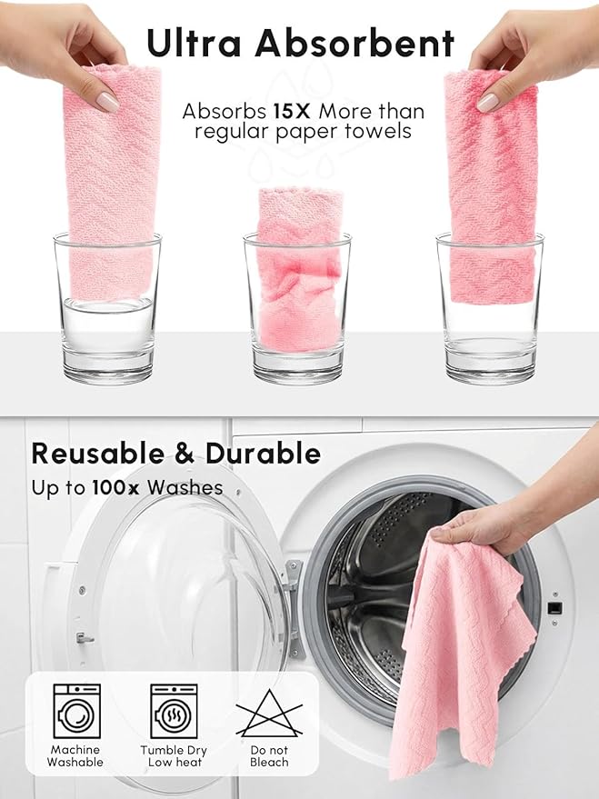 Microfiber Cleaning Cloths Roll 75 Pack Tear Away Microfiber Towels Roll 12 x 12 Lint Free Rags Reusable Cleaning Cloths Washable Scratch FreeUltra Absorbent Dish Rags(Pink Ripple)