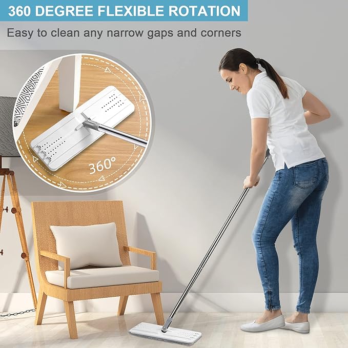 Mop and Bucket with Wringer Set Hands Free Flat Floor Mop and Bucket 3 Washable Microfiber Pads Included Wet and Dry Use Home Floor Cleaning System for All Floor Types and Windows