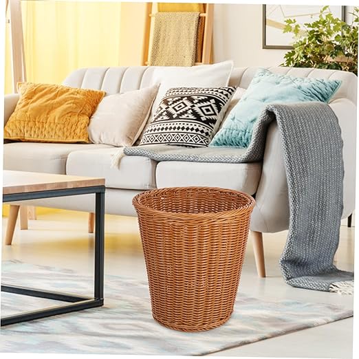 Cabilock 1Pc Simulated Rattan Woven Trash Can Decorative Wastebasket for Home Use Chic Imitated Rattan Style Versatile Trash Bin for Kitchen Bathroom and Office Decor