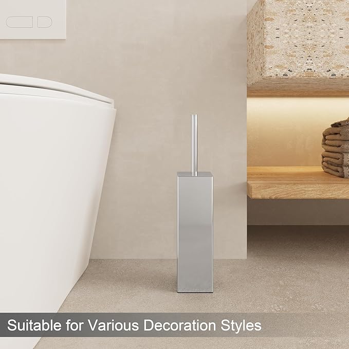 Chrome Square Stainless Steel Toilet Brush with Holder 304 Modern Toilet Brush Set – Rust Resistant Long Handle Replacement Heads Floor Standing Bathroom Toilet Cleaning Brush