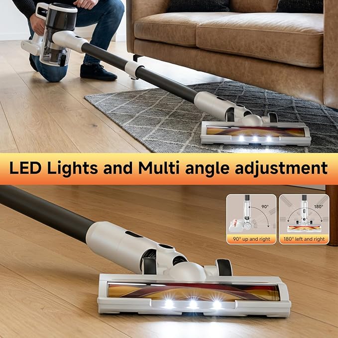 Cordless Vacuum Cleaner for Home - Lightweight Stick Vacuum Clean with Rechargeable Battery Max 45Mins Runtime 8 in 1 Handheld Vacuum for Hardfloor &amp Carpets Pet Hair White&ampYellow