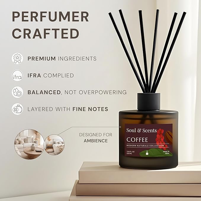 Soul &amp Scents Reed Diffuser Set – Coffee | 7.43 oz Refillable Scented Oil with 6 Fiber Sticks | Long-Lasting Home Fragrance &amp Air Freshener for Bedroom Bathroom Office | Gift &amp Décor Pie