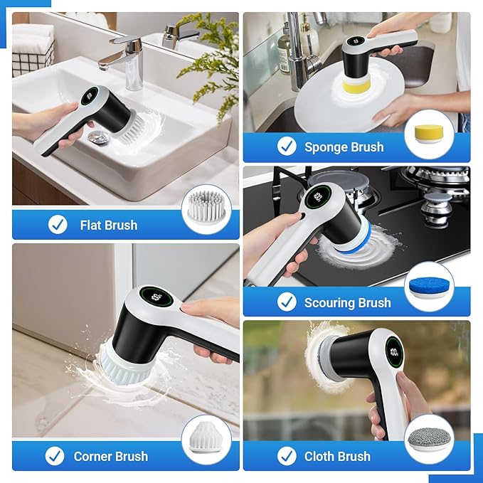 Electric Spin Scrubber Cordless Shower Scrubber with Battery Level Display 2 Speeds Electric Scrubber for Cleaning with 6 Replaceable Heads Cleaning Brush for Bathroom/Sink/Window