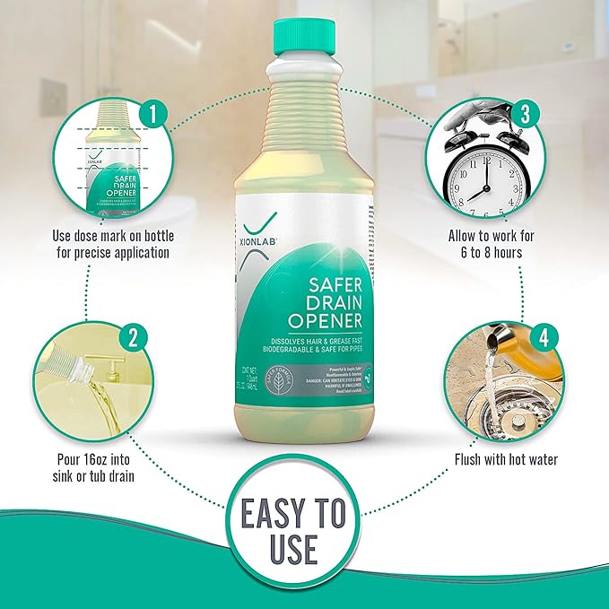XionLab Safer Greener Drain Clog Remover – Industrial-Strength Liquid Drain Cleaner for Hair &amp Grease – Septic Safe Odorless Biodegradable for Bathroom Sink Bath Tub &amp Shower Drain – 32 o