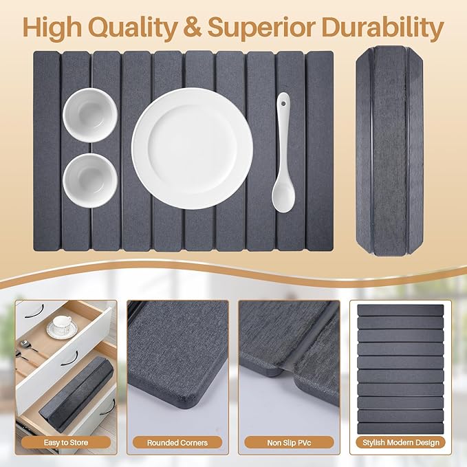 2 PCS Quick Dry Stone Dishes Mats for Kitchen CounterCollapsible Quick Drying Dish MatsUltra Absorbent Diatomaceous Earth Mats for Dishes Bottles Cups Match Any Countertop（Dark Gray 24×16&amp 8