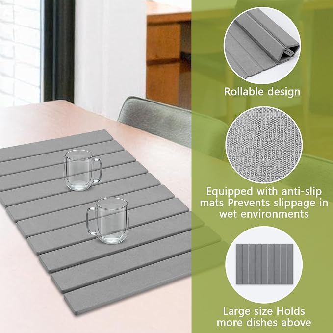 Quick Dry Stone Mat Stone Drying Mat for Kitchen Counter Large Dish Drying Mat - Diatomaceous Earth Dish Drying Mats Modern Fast Dry Pad for Bathroom 24x16 DarkGray