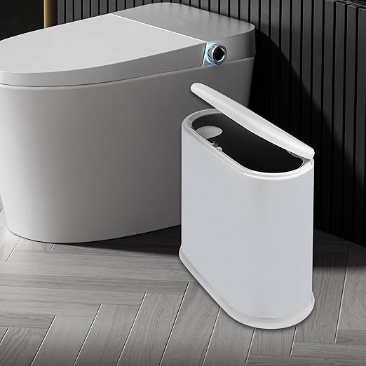Narrow Garbage Can Trash Can with Lid Small Press Type Wastebasket Garbage Container Bin for Craft Room Toilet Home Entryway Grey