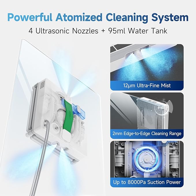 FMART W8 Mini Window Cleaning Robot 8000Pa Suction Ultra-Slim 2.36 in 4-Way Ultrasonic Spray Edge-Cleaning Route Smart Path Planning 9-Stage Safety App &amp Remote Control