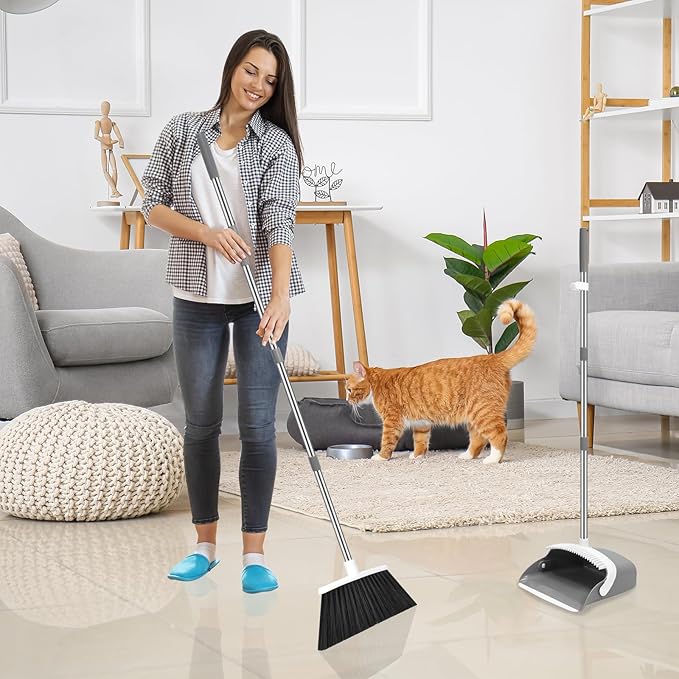 NACENA Broom and Dustpan Set 52-in Long Adjustable Handle Broom Dustpan Combo with Dustpan Teeth to Automatically Clean Hair Suitable for Home Kitchen Office Hall Floor (Grey&ampWhite) 2 Pack