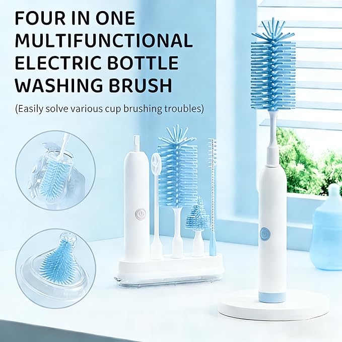 Rechargeable Electric Bottle Brush with Stand - 360° Spin Silicone Cleaner for Baby Bottles Breast Pumps &amp Small Household Containers (Sea Blue)