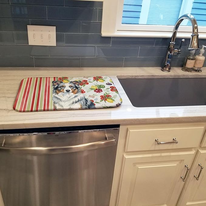 Caroline's Treasures Blue Merle Border Collie Vegetables Dish Drying Mat Absorbent Dish Drying Mat Pad for Kitchen Counter Dish Drainer Mat for Countertop 14 x 21 Multicolor