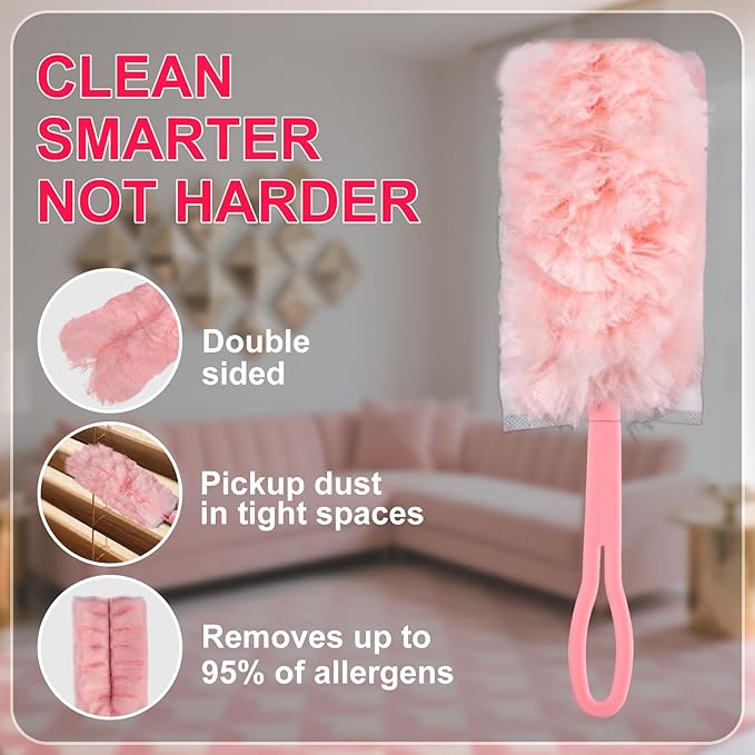 ITTAR 30 Count Duster Refill kit Dust Cleaning Supplies with Extension Pole Fan Feather Dusters with 2 Types Handle for Cleaning Home Celling Fan Blinds Furniture Vent &amp Shelves-Pink