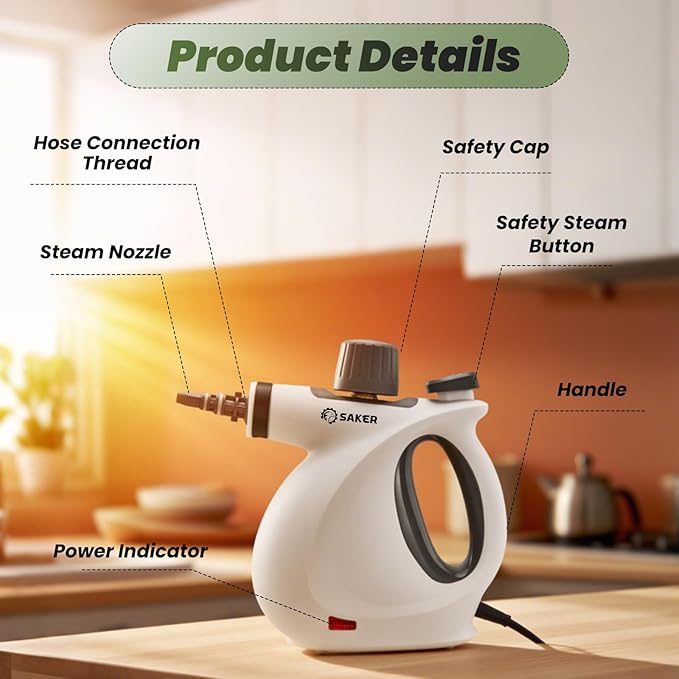 Saker Pressurized Handheld Steam CleanerSteam Disinfection CleanerPortable Steam Cleaner for Home1050W Steam CleanerQuick Heating &amp Deep Cleaning of Floors Cars and Kitchen with 5 Fiber Clot