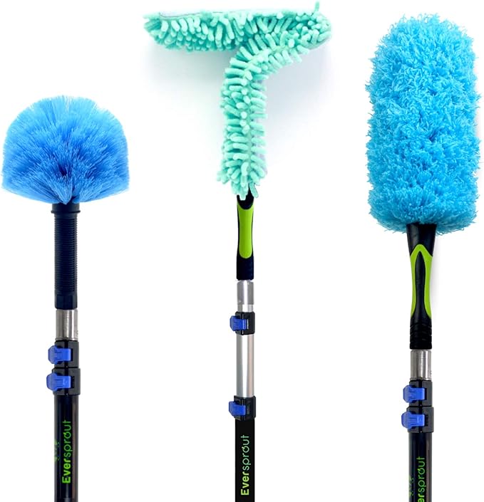 EVERSPROUT 5-to-12 Foot Duster 3-Pack with Extension-Pole (20+ Foot Reach) | Hand-packaged Cobweb Duster Microfiber Feather Duster Flexible Microfiber Ceiling &amp Fan Duster | Aluminum Telescopic