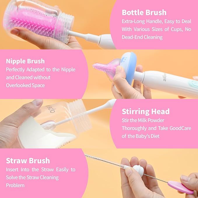 Electric Bottle Brush Cleaner Portable Electric Baby Bottle Brush Cleaner for Travel Rechargable Travel Bottle Cleaner Kit with Nipple &amp Straw Brush Perfect Mom Essentials After Birth Gift Pin