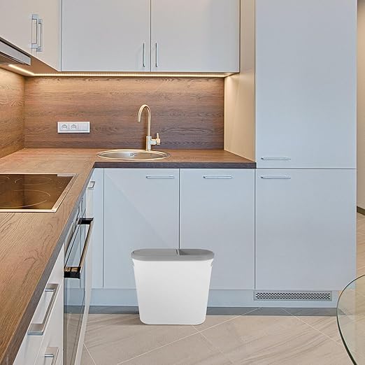 Plastic Trash Can with Press Lid Narrow Household Garbage Bin for Kitchen and Bathroom White-Grey Covered Wastebasket for Small Spaces