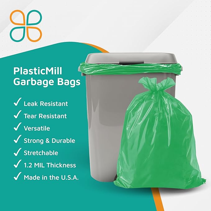 PlasticMill Heavy Duty Trash Bags - Green Garbage Bags - Plastic Trash Bags - Tall Trash Bags Trash Can Liners - 33-Gallon Large Kitchen Trash Bags 1.2 Mil 33x39 (100-Count)