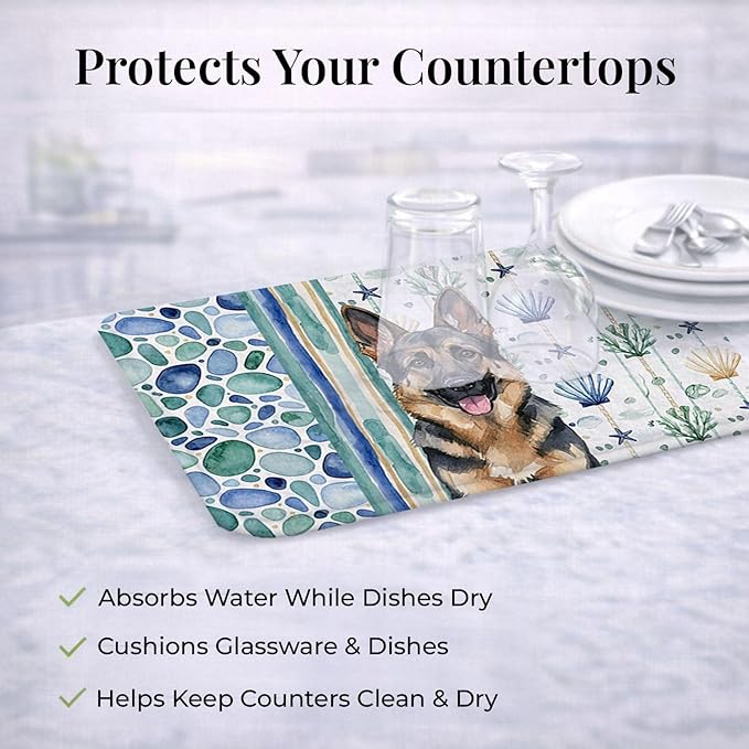 Caroline's Treasures German Shepherd Coastal Sea Glass Dish Drying Mat Absorbent Dish Drying Mat Pad for Kitchen Counter Dish Drainer Mat for Countertop 14 x 21 Multicolor