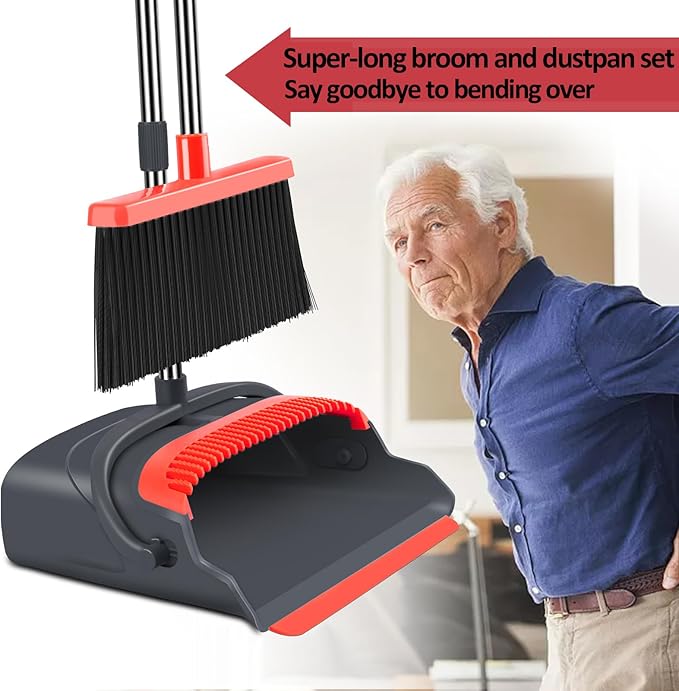 kelamayi Upgrade Broom and Dustpan Set Broom with Dustpan Combo Set Large Size and with Long Handle UprightIdeal for Indoor Outdoor Garage Kitchen Room Office Lobby Use (Black&ampRed)
