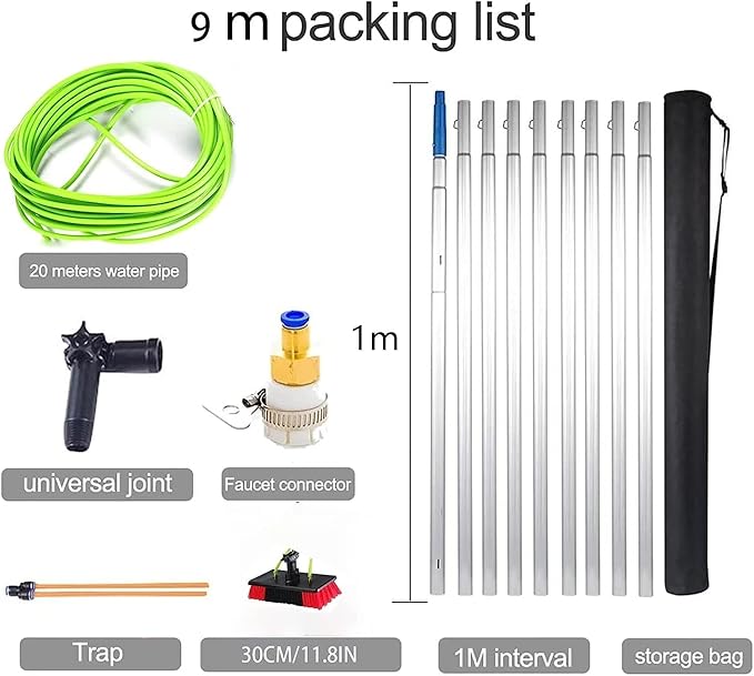 Window Cleaning Pole Water Fed Telesbrush Water/Hose Fed Pole Cleaning Photovoltaic and Solar Panels/30Cm Brush/9M Pole