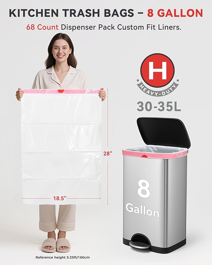 KONE Custom Fit Trash Bags Compatible with Simplehuman Code H 68 Count Drawstring Garbage Bags Dispenser Pack Trash Bin Liners For Kitchen Bathroom Home 35 Liter / 8-9 Gallon