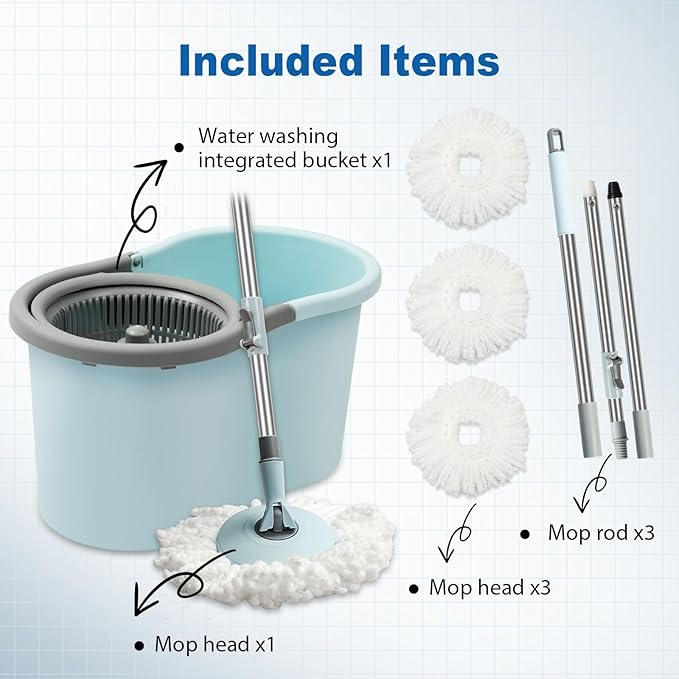 Spin Mop and Bucket Mop and Bucket with Wringer Set for Home 360 Spinning Mop Bucket Floor Cleaning Tool with 3 Microfiber Mop Replacement Head Refills50 Extended Handle for Floor Cleaning Home