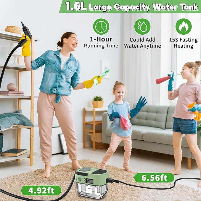 Handheld Steam Cleaner for Home 2500W High Temperature Pressurized Machine 1.6L Water Tank Handle-Controlled Steam Output Portable Cleaning Steamer for Car Bed Bugs Furniture Grout (Green)