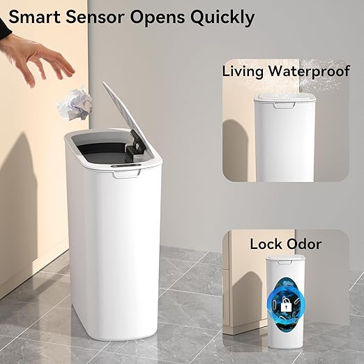 5 Gallon Motion Sensor Bathroom Trash Can Automatic Garbage Cans with Lid Touchless Smart Slim Plastic Trash Bin for Kitchen Bedroom Toilet Office Living Room
