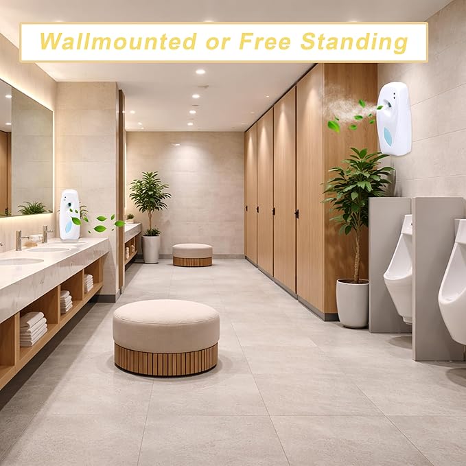 (2-pack) Automatic Air Freshener Spray Dispenser Wall Mounted or Freestanding Sprayer Holder Multiple Time Settings Commercial and Hotel Bathroom Office etc (White BT)