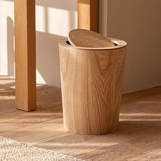 Kitchen Trash Can Simple Wooden Trash Can 8L Wood Grain Round Creative Household With Lid Flip Lid Decorative Garbage Bin Wastebasket Waste Basket(Bent willow color)