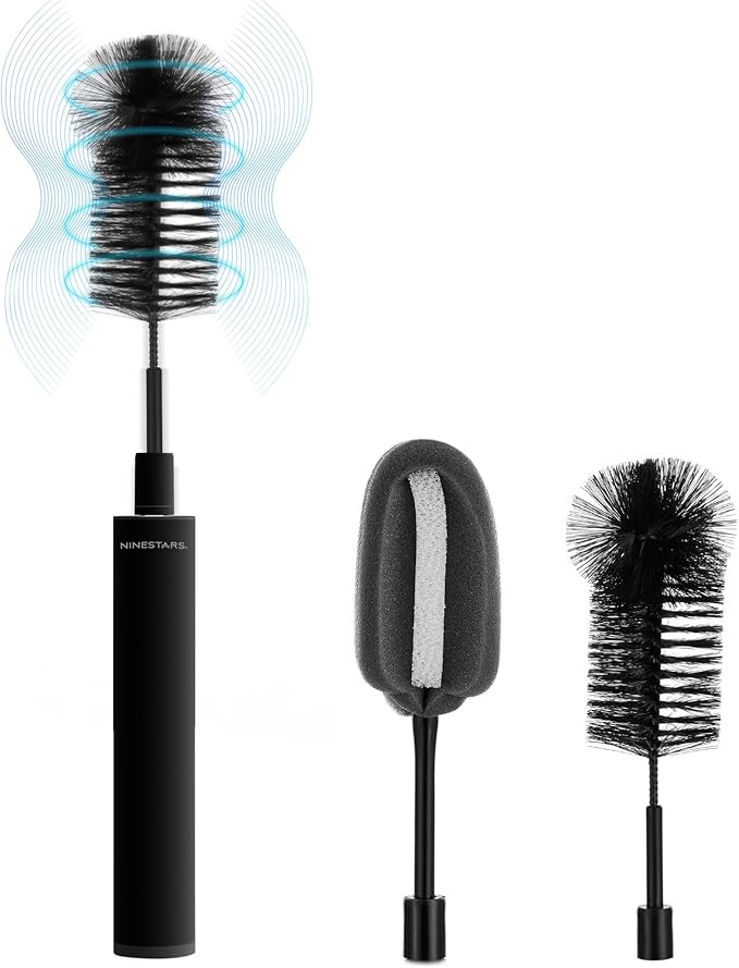 NINESTARS Electric Baby Bottle Cleaning Brush w/Sponge Brush &amp Bristle Head Long-Lasting Battery Electric Bottle Cleaner for All Families New Mom Time Saving Household Cleaning Tool (Black Meta