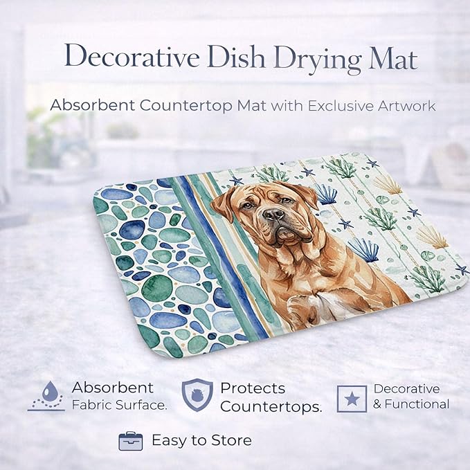 Caroline's Treasures Dogue de Bordeaux Coastal Sea Glass Dish Drying Mat Absorbent Dish Drying Mat Pad for Kitchen Counter Dish Drainer Mat for Countertop 14 x 21 Multicolor