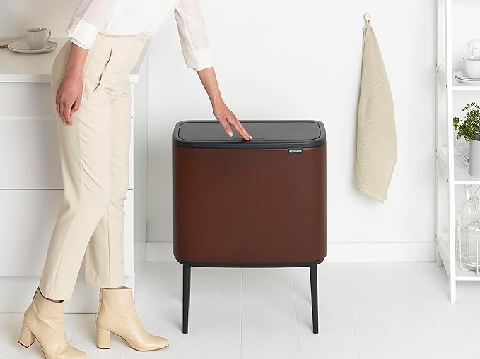 Brabantia Bo Touch Bin - 11 + 23L Inner Buckets (Mineral Cosy Brown) Waste/Recycling Kitchen Bin - Soft-Touch