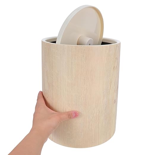 Garneck Large Wood Grain Plastic Trash Can with Flip Top Lid Space-Saving Round Farmhouse Wastebasket for Bedroom Dining Room Kitchen Noiseless Bin for Office Hotel Households