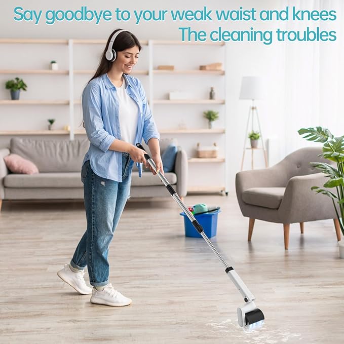 Roller Electric Spin Scrubber - 2-Speed Waterproof Cordless Power Cleaning Brush 4 Multi-Purpose Brush Heads &amp Telescopic Pole for Deep Floor Bathroom Furniture Glass &amp Car Cleaning