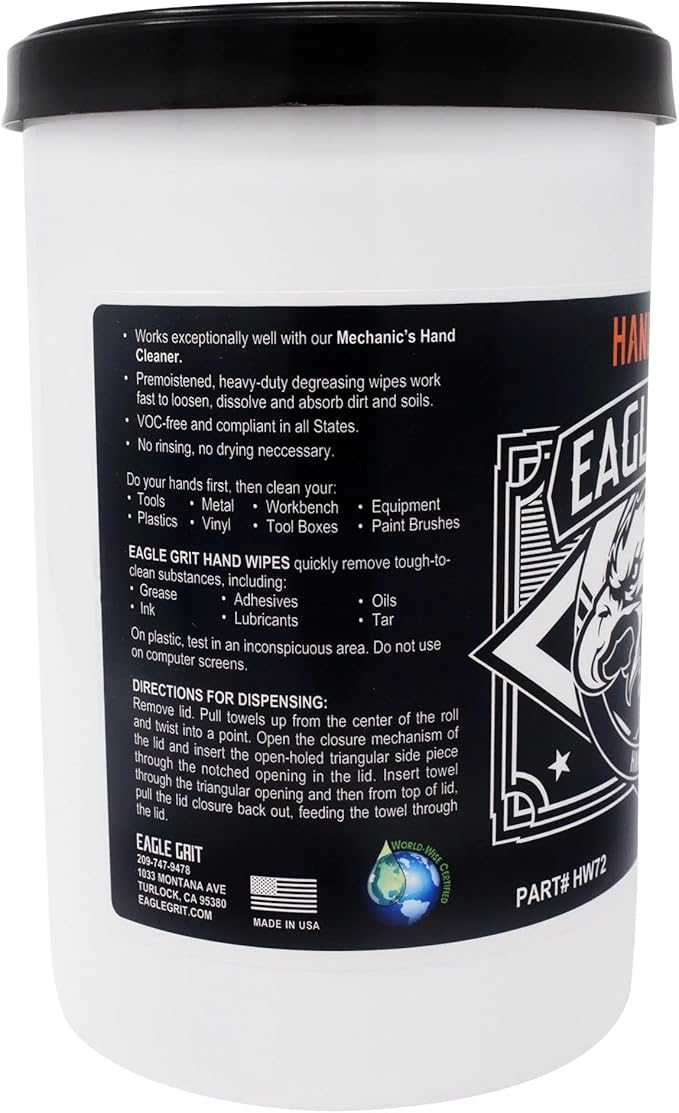 Eagle Grit Heavy Duty Cleaning Wipes – 72 XL Pre-Moistened Degreasing Hand &amp Tool Wipes – 10”x12” Industrial Strength Shop Towels – Removes Grease Oil Ink Adhesives &amp Grime – USA Made