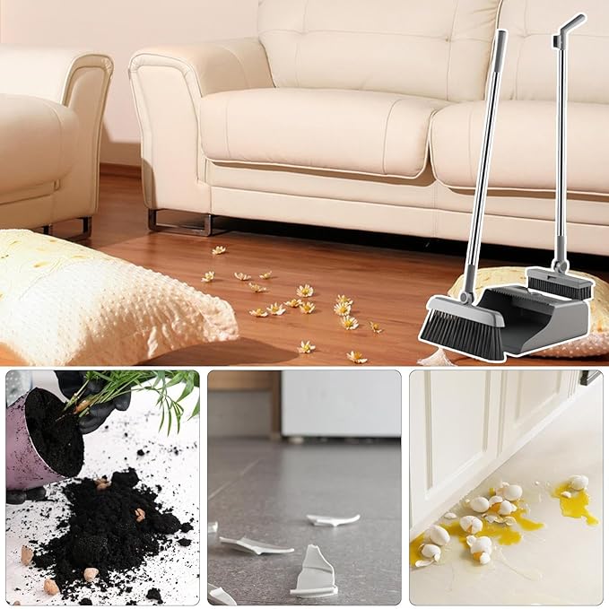 Broom With Dust Combo Set: Adjustable Handle  Compact Folding Cleaner Vertical Storage Design | For Home Apartment Kitchen Bedroom Kitchen Bedroom