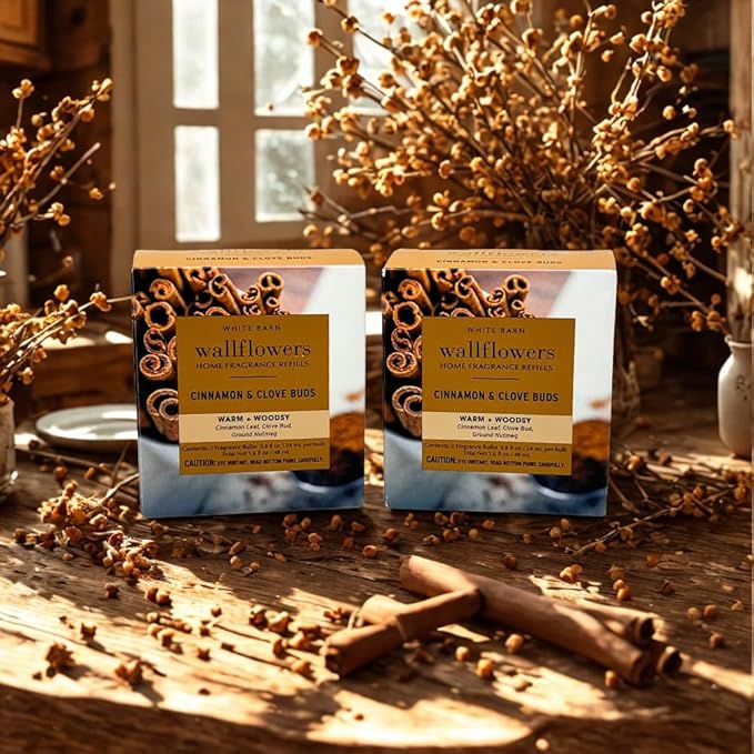 Bath &amp Body Works CINNAMON &amp CLOVE BUDS Wallflowers Refills 4-Pack Gift Set with 30-Inch Champagne Gold Ribbon Bow for Holidays – 0.8 fl oz Each
