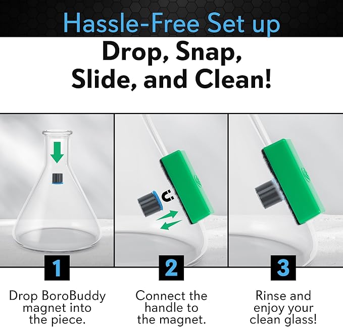 Magnetic Glass Cleaner BoroBuddy Pro | Cleans Hard to Reach Stains on Glass Ceramic Metal Pieces of All Shapes &amp Sizes | Glass Pieces Bottles Glassware | Free Scrubber Pads | Green