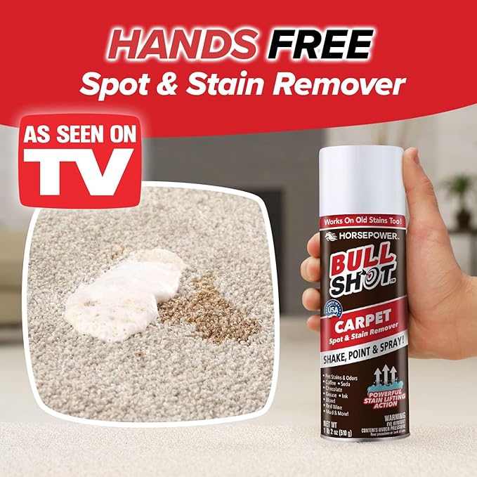 Horsepower Bull Shot Carpet Spot &amp Stain Remover AS SEEN ON TV Made In USA Just Point &amp Spray Stain-Lifting Foam-Action Pet Stains &amp Odors Coffee Soda Wine Grease New &amp Old S
