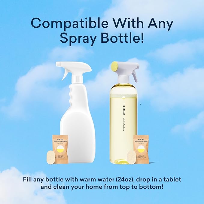 BLUELAND Multi-surface Cleaner Starter Set Fresh Lemon Scent Spray Bottle with 4 Refill Tablets All-Purpose Eco-Friendly Cleaning Supplies 4 x 24 Fl oz