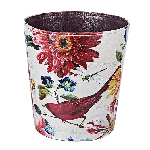 Leather Trash Can Retro Decorative Waste Basket 10L Capacity Small Waste Paper Basket Waterproof Garbage Can for Bathroom Bedroom Office Kitchen and Living Room - Red Bird