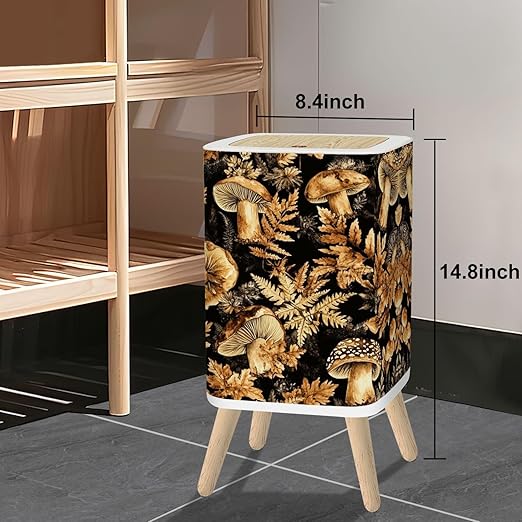 Small Trash Can with Lid Mushroom Seamless Boho Black Brown Mushroom Forest Vintage Mushrooms 2.6 Gallon/10L Garbage Can Waste Bin with Pop-Up Lid Wood Legs Wastebasket for Bathroom Kitchen Bedroom